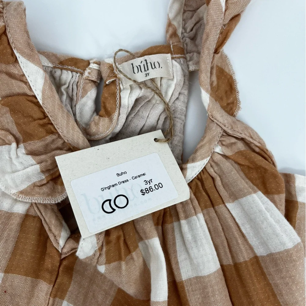 Búho Girls Caramel Gingham Dress NWT 3Y